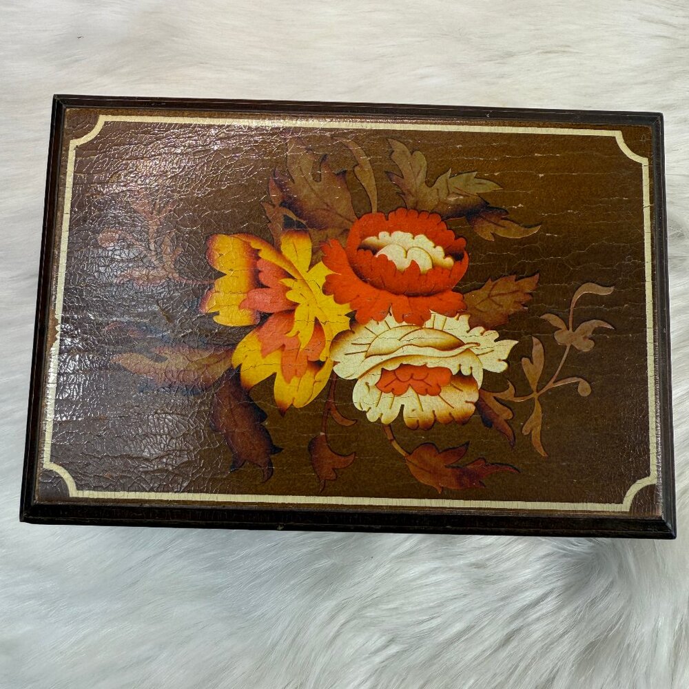 Vintage Small Wood Jewelry Box with Florals